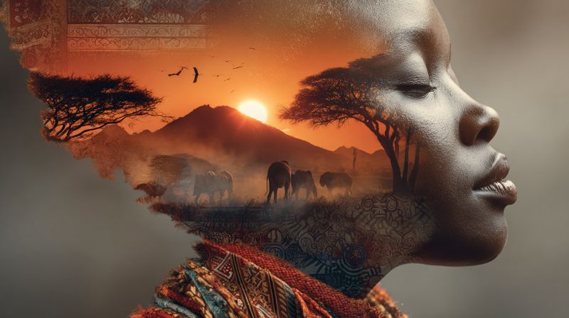 Fille coucher soleil nature faune imagination fantaisie reve inspiration creativite beaute elegance serenite harmonie unite Le visage d'une jeune fille, avec son profil visible. Son visage est orné de motifs complexes qui ressemblent à des dessins tribaux africains traditionnels. L'arrière-plan derrière elle est un mélange de coucher de soleil sur un paysage de savane, avec des silhouettes d'arbres, de montagnes et de faune telles que des éléphants et des oiseaux. Le ciel est peint de teintes chaudes d'orange et de rose, indiquant le soleil couchant. La composition globale donne un sentiment d'harmonie entre la figure humaine et l'environnement naturel.