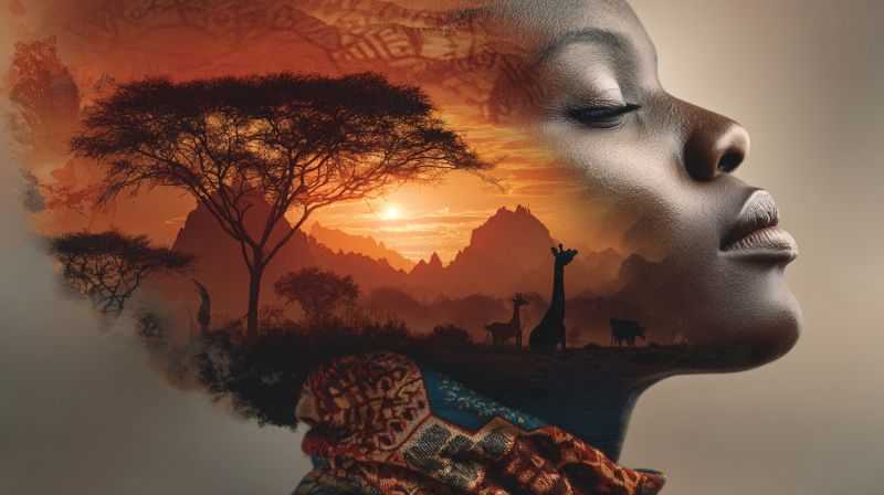 Woman sunset nature wildlife safari africa savannah giraffe deer mountains trees sky dream imagination beauty close-up of a woman's face, with her eyes closed and her head tilted slightly to the side. Her face is partially overlaid with a landscape scene, showing a sunset over a savanna with acacia trees, giraffes, and other wildlife. The background is a blend of warm orange and pink hues, creating a serene and peaceful atmosphere. The woman's hair is styled in a way that complements the natural elements in the background, and she is wearing a patterned scarf around her neck. The overall composition is artistic and thought-provoking, with the woman's face serving as a focal point for the viewer's attention.