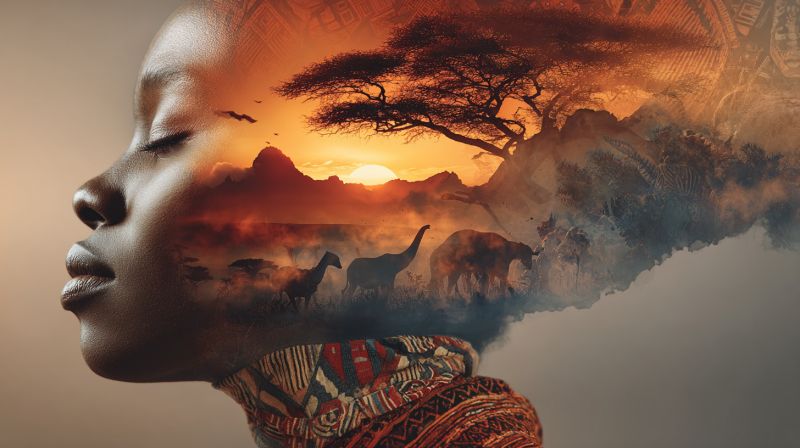 Woman head nature wildlife sunset mountains trees elephants giraffes animals sky clouds mist africa side profile of a young girl's face, with her eyes closed, blending seamlessly into a stunning landscape. The background showcases a sunset over a vast African savannah, with a silhouette of a tree and a mountain range. Various animals, including giraffes, elephants, and zebras, are scattered across the scene, adding to the natural beauty. The sky is painted in warm hues of orange and pink, creating a serene and picturesque atmosphere. The girl's face is adorned with intricate patterns, possibly representing traditional African art, enhancing the cultural richness of the image.