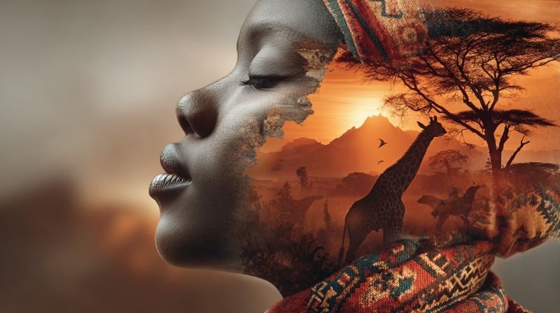 Femme cicatrice echarpe girafe animal faune nature coucher soleil montagne arbre oiseau ciel Gros plan du visage d'une femme, avec son profil visible. Son visage est partiellement superposé à une scène de paysage, montrant un coucher de soleil sur une savane avec une girafe debout au premier plan. L'arrière-plan comprend un arbre, des montagnes et un ciel aux teintes chaudes et orangées. Le visage de la femme est orné d'un foulard à motifs, et ses cheveux sont coiffés d'une manière qui complète les éléments naturels en arrière-plan. La composition globale mêle la figure humaine à l'environnement naturel, créant une image harmonieuse et artistique.