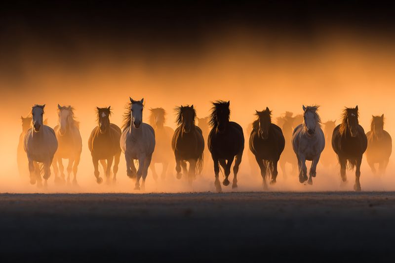 Horses running herd wild dust sunlight morning grassland freedom nature animals outdoors wildlife equestrian motion adventure countryside A herd of horses runs in a line across a dusty, open field. The horses are of various colors, including white, brown, and black. Their manes and tails are flowing in the wind. The horses' hooves kick up dust as they gallop. The background is a warm, golden hue, likely from the setting sun. The horses are in silhouette, with the light illuminating them from behind, creating a dramatic effect.