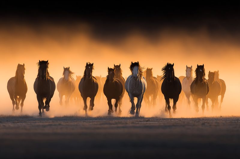 Horses running wild herd dust sunset freedom nature animals outdoors grassland wilderness equestrian wildlife adventure exploration A herd of horses runs in a line across a dusty field, their hooves kicking up dust. The horses are of various colors, including black, white, and brown. The scene is backlit by a warm, orange glow, possibly from the setting sun, creating a silhouette effect. The horses' manes and tails are flowing in the wind, and their shadows are cast on the ground. The background is a mix of orange and dark hues, suggesting a sunset or sunrise.
