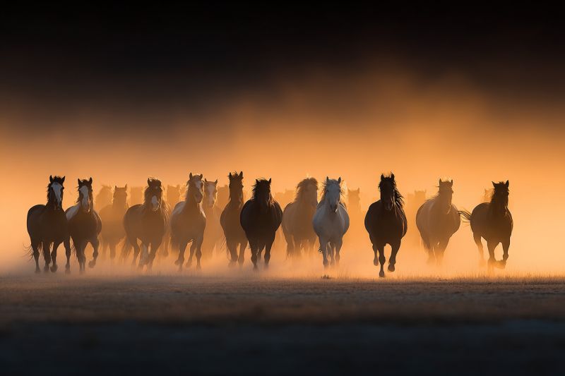 Horses wild herd running dust sunset grassland freedom nature animals wildlife outdoors equestrian emotion movement energy A herd of horses runs in a line across a field at sunset. The horses are of various colors, including black, white, and brown. The horses' bodies are silhouetted against the warm, golden light of the setting sun, creating a dramatic and majestic scene. The horses' manes and tails are flowing in the wind, and their hooves kick up dust as they run. The sky is a deep orange color, and the light is soft and diffused, creating a dreamy and ethereal atmosphere.