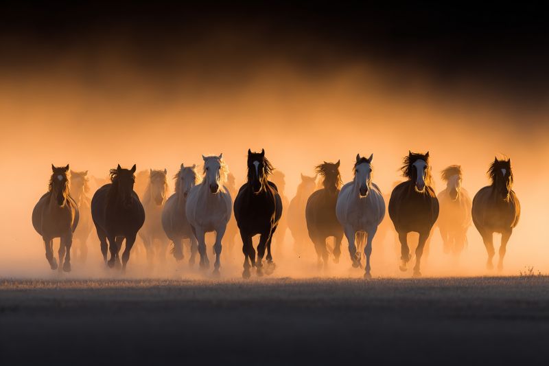Chevaux sauvages courant troupeau poussiere coucher soleil prairie liberte nature faune animaux air equestre Un troupeau de chevaux court en ligne à travers un champ, leurs sabots soulevant de la poussière. Les chevaux sont de diverses couleurs, notamment noir, blanc et brun. Les crinières et les queues des chevaux flottent dans le vent. Les chevaux courent en ligne, avec les chevaux à l'avant menant la voie. Le ciel est orange et jaune, avec une chaleureuse lueur. Les chevaux courent en ligne, avec les chevaux à l'avant menant la voie.