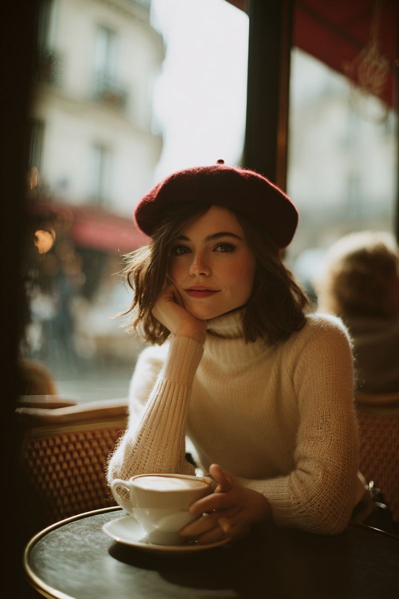 Woman coffee cafe paris fashion beret sweater smiling casual relaxed sunlight window blurry table cup drink hand A woman is sitting in a cafe, wearing a red beret and a cream turtleneck sweater. She is holding a cup of coffee with a saucer on a small round table in front of her. She has her hand on her chin and is looking to the side. Behind her, there is a blurry view of another person sitting at a table, and a building with a red awning is visible in the background.