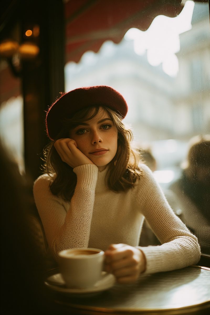 Femme cafe chapeau pull table tasse assiette soleil reflet fenetre batiment ville assise Une femme est assise dans un café, portant un béret rouge et un pull en maille côtelée crème. Elle a la main posée sur son menton, l'air réfléchi. Devant elle se trouve une tasse de café sur une soucoupe, placée sur une petite table ronde. Derrière elle, l'intérieur du café est visible, avec une vitrine en verre reflétant le monde extérieur. La lumière de l'extérieur projette une lueur chaleureuse sur elle, créant une atmosphère chaleureuse.