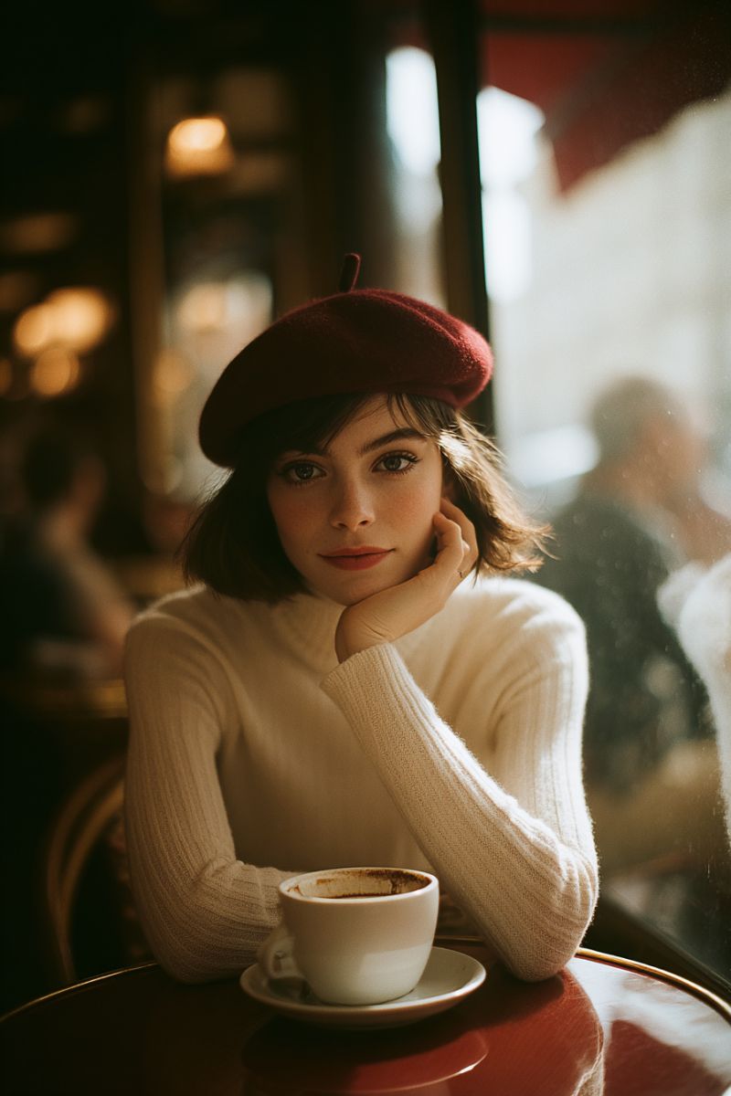 Woman coffee cafe fashion accessories hat sweater casual relaxed sitting table cup drink beverage blurry people reflection A woman with short hair is sitting in a cafe, wearing a red beret and a white turtleneck sweater. She has her hand on her chin and is looking to the side. In front of her is a cup of coffee on a saucer on a round table. Behind her, there is a blurry view of a man sitting at a table, and a glass window with a reflection of a person.