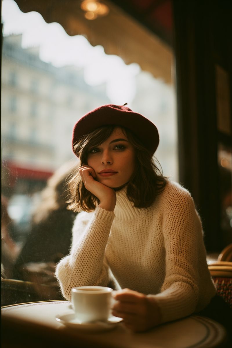 Woman coffee cafe hat sweater cup table city building window reflection sunlight fashion casual relaxing thinking contemplative urban lifestyle A woman sits in a cafe, wearing a red beret and a cream turtleneck sweater. She has her hand on her chin, looking thoughtful. In front of her is a cup of coffee on a saucer. Behind her, through a glass window, you can see a blurry view of another person sitting at a table and a building with a red awning. The light from outside casts a warm glow on the scene.