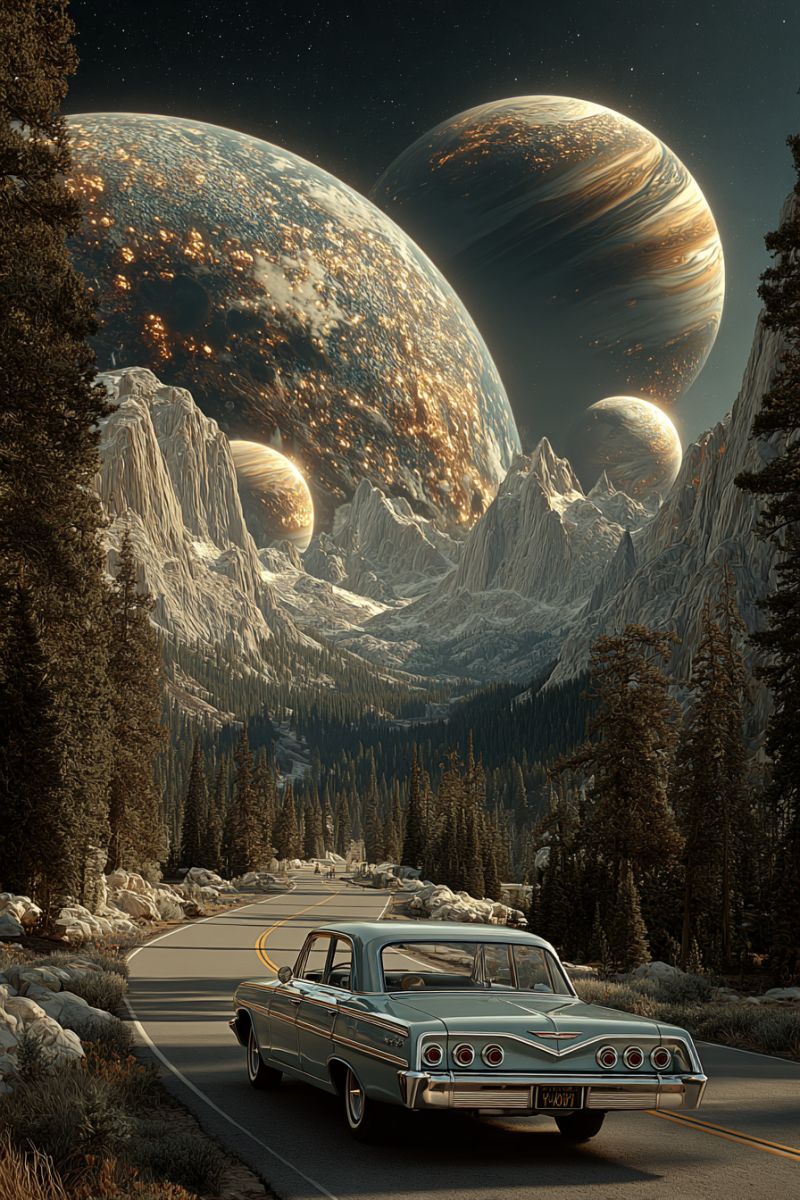 Route montagne ciel planete espace nuit foret arbre astronomie univers galaxie etoile celeste cosmique orbital Une vieille voiture roule sur une route entourée de grands arbres et de montagnes. La route est bordée de marques jaunes et blanches. Le ciel est sombre, et il y a plusieurs planètes au loin. Les planètes sont de différentes tailles et couleurs, et certaines d'entre elles ont des anneaux. Les montagnes sont couvertes de neige, et il y a des rochers sur le bord de la route.