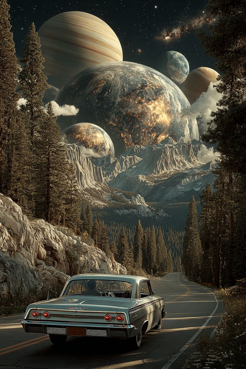 Route montagne ciel planete espace nuit foret arbre astronomie univers galaxie etoile nuage rocher colline vallee Une vieille voiture roule sur une route sinueuse à travers un paysage montagneux. Le ciel est sombre et rempli d'étoiles, et plusieurs planètes et lunes sont visibles. Les montagnes sont couvertes d'arbres, et la route est bordée d'herbe et de petites plantes. La voiture a une plaque d'immatriculation qui indique 