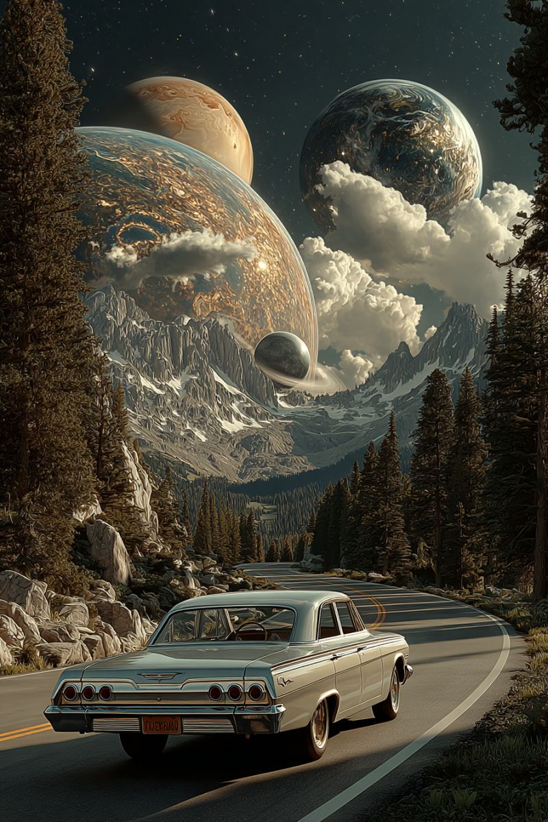 Car road mountain sky planet space night cloud tree rock forest astronomy universe celestial cosmic galactic outer A vintage car drives down a winding mountain road with a back of surreal planets and celestial bodies. The car is silver with a classic design, and it's positioned on the left side of the road. The road is flanked by tall, dense trees and rocky outcrops. In the background, three planets are depicted in a cosmic setting. The largest planet is a vibrant blue with swirling clouds, while the other two are smaller and have a reddish-brown hue. The sky is dark, with stars scattered across it, creating a dramatic and otherworldly atmosphere.