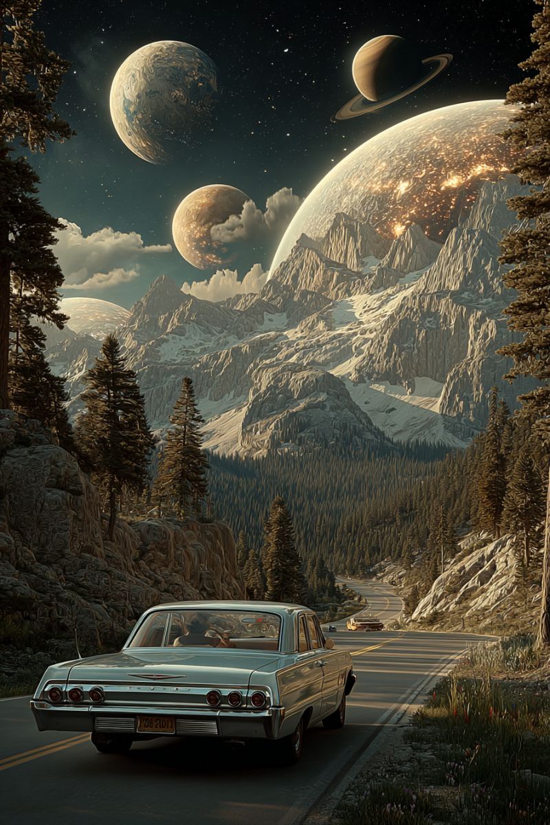 Car road mountain sky planet night space universe forest trees clouds stars moon snow hill valley rock shadow An old-fashioned car is driving down a winding road through a mountainous landscape. The road is flanked by tall trees and rocky cliffs. In the background, there are several planets and moons in the sky, including Saturn with its distinctive rings. The sky is dark, with stars visible, and the scene has a surreal, almost dreamlike quality.