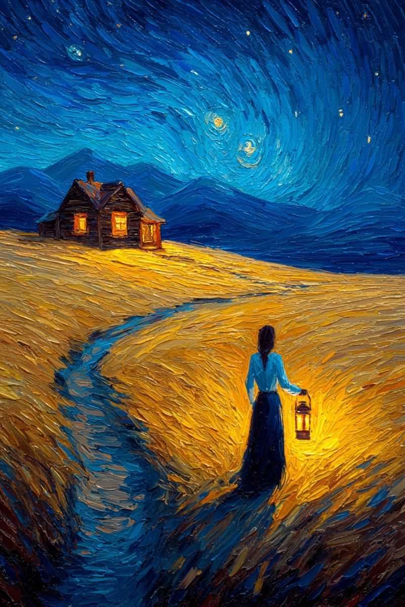 Nuit etoile ciel maison champ femme lanterne chemin montagne obscurite jaune bleu huile pinceau Dans un vaste champ de blé doré sous un ciel nocturne étoilé, une femme se tient en tenant une lanterne. Elle porte une longue robe bleue fluide et a de longs cheveux noirs. La lanterne émet un doux éclat jaune, projetant de la lumière sur elle et sur le chemin devant elle. Derrière elle, une petite maison en bois aux fenêtres éclairées se dresse sur une colline, entourée de montagnes. Le ciel est d'un bleu profond, tourbillonnant de stars et d'une légère lueur lunaire. Le tableau utilise des coups de pinceau audacieux et expressifs pour transmettre un sentiment de solitude et de beauté tranquille.