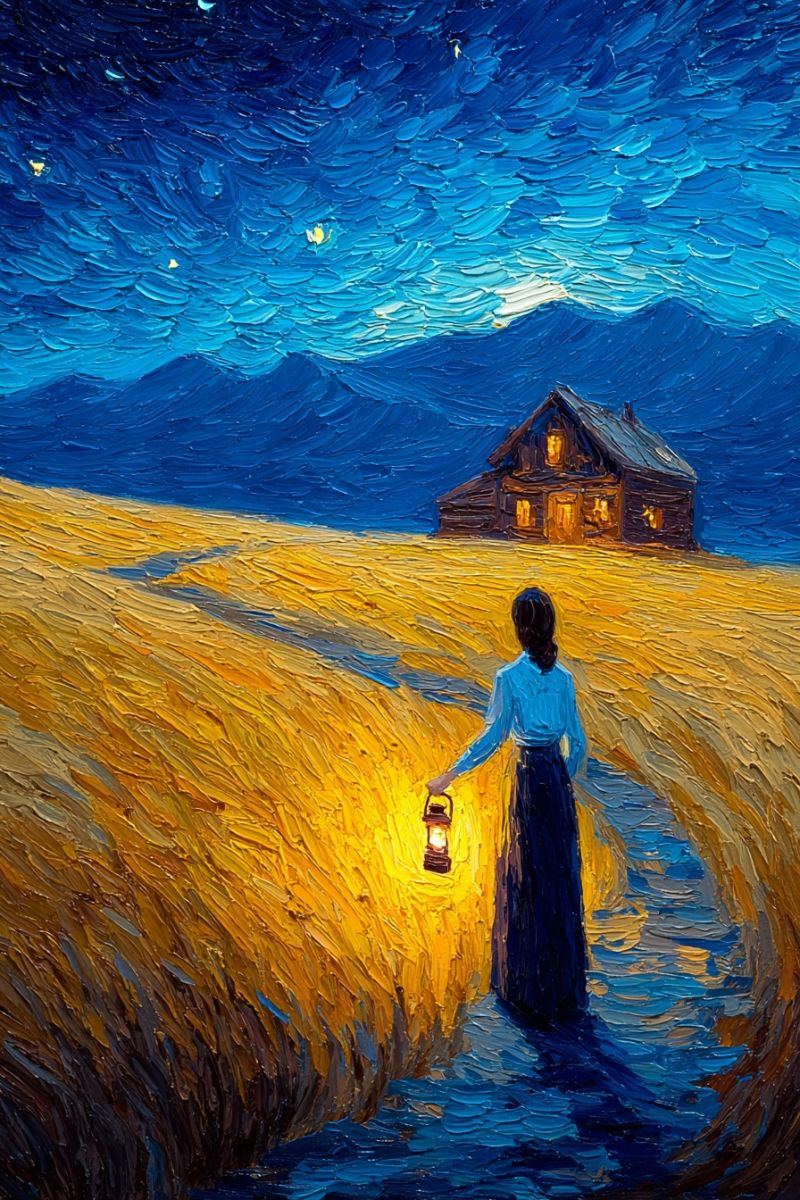 Nuit femme lanterne champ maison montagnes etoiles ciel obscurite chemin ble campagne rural soiree imagination Dans un vaste champ de blé doré sous un ciel nocturne d'un bleu profond, une femme se tient en tenant une lanterne. Elle porte une longue robe bleue et une jupe, ses cheveux attachés en arrière. La lanterne projette une lueur chaude sur elle et le blé autour d'elle. Derrière elle, une maison en bois aux fenêtres éclairées se dresse sur fond de montagnes lointaines. Le ciel est rempli d'étoiles, et la scène semble sereine et tranquille.