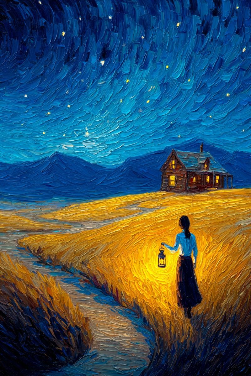 Painting night starry sky house woman lantern field mountain path oil brush stroke texture mood atmosphere A woman stands in a vast golden wheat field under a starry night sky. She holds a lantern in her right hand, casting a warm glow on the wheat and her dress. The sky is a deep blue with swirling patterns and scattered stars. In the distance, a small wooden house with lit windows stands on a hill. The house is surrounded by a dark silhouette of trees and mountains. The wheat field stretches out towards the horizon, creating a sense of openness and tranquility.