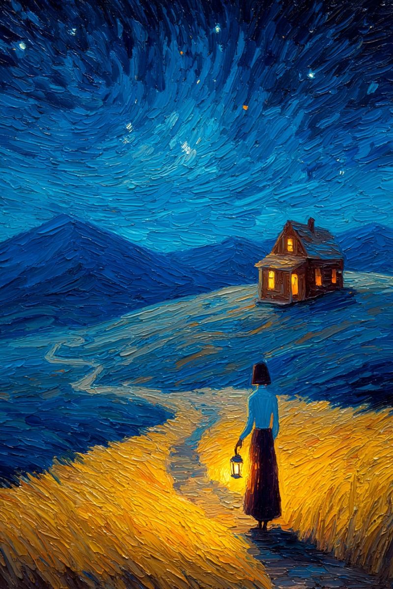Painting night house lamp woman path mountains fantasy dream imagination darkness countryside rural outdoor starry sky wheat field In a serene night landscape, a woman stands in a wheat field, holding a lantern that casts a warm glow. She wears a long dress and a bonnet, looking ahead. Behind her, a small house with lit windows stands on a hill, surrounded by a dark, star-filled sky. The sky is painted with deep blues and swirling patterns, creating a sense of depth and movement. The wheat field stretches out, with golden hues blending into the night. The scene evokes a sense of quiet solitude and exploration.