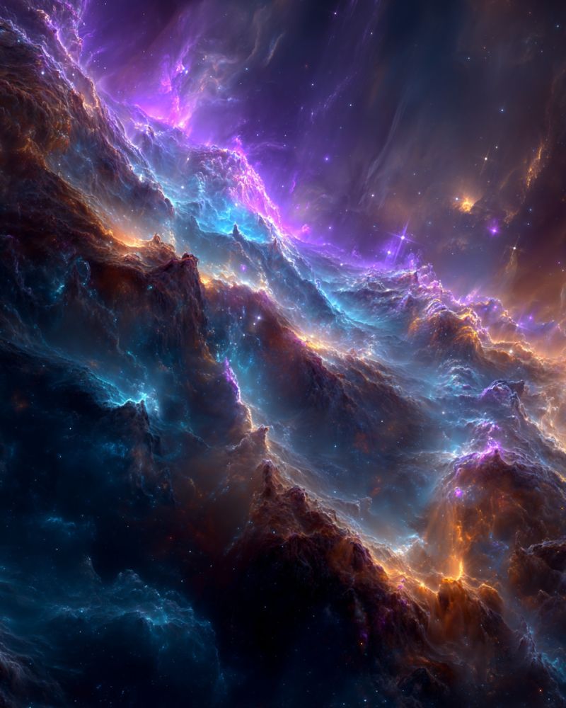 Space galaxy nebula cosmos universe star astronomy astrophysics celestial cosmic stardust astronomical galactic interstellar outer phenomena explorati vast, swirling nebula in deep space, filled with vibrant colors. Shades of deep blue and purple dominate the scene, with streaks of orange and yellow adding contrast. The nebula appears to be a cloud of gas and dust, with intricate, wavy patterns that suggest movement and turbulence. Stars are scattered throughout, some appearing as bright points of light, while others are fainter and more diffused. The overall effect is one of a dynamic, ever-changing cosmic landscape.