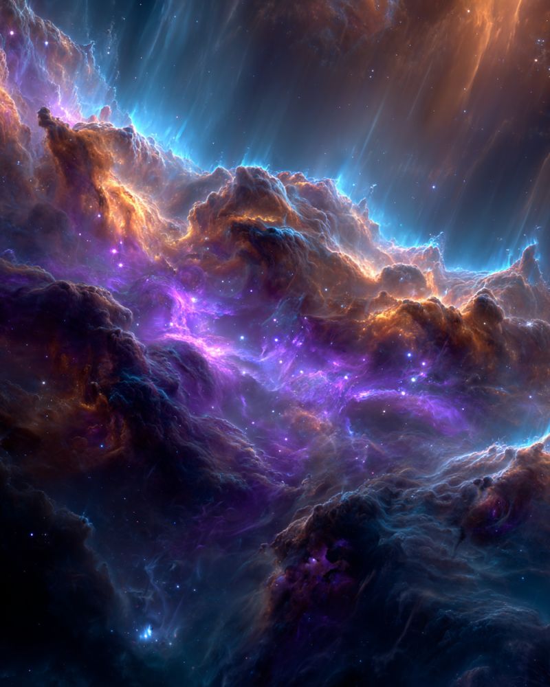 Space galaxy nebula star cloud universe cosmos astronomy celestial astrophysics cosmic stardust galactic astronomical interstellar astrology astrophot vast, colorful nebula in space. It features swirling clouds of gas and dust in shades of deep blue, purple, and orange. The nebula has a textured, almost organic appearance, with intricate patterns and wispy tendrils. Stars are scattered throughout, some shining brightly and others faintly. The background is a deep, dark blue, enhancing the vibrant colors of the nebula. The overall effect is one of awe and wonder, capturing the beauty and complexity of the universe.