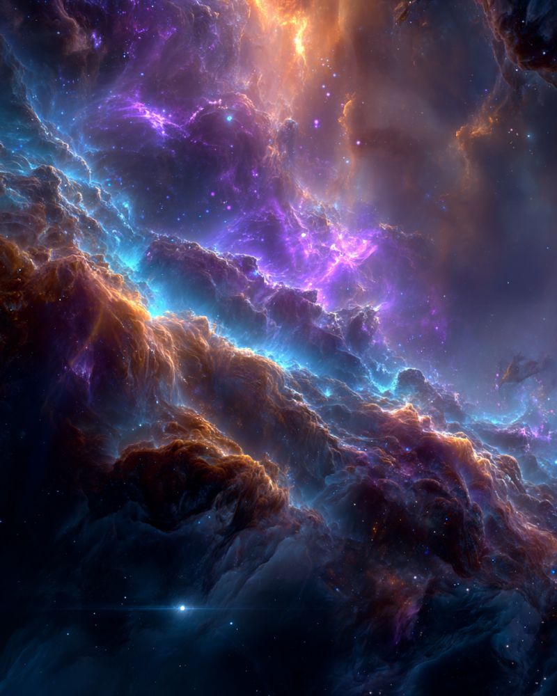 Space galaxy nebula cosmos star universe astronomy astrophysics celestial cosmic stardust astronomical galactic starry cosmology astrophotography inte vast, colorful nebula in space. It features swirling clouds of gas and dust in shades of purple, blue, and orange. The nebula has a complex, layered structure with intricate patterns and textures. Stars are scattered throughout, some shining brightly and others faintly. The background is a deep, dark blue, emphasizing the vibrant colors of the nebula. The overall scene is dynamic and full of movement, with a sense of depth and scale.