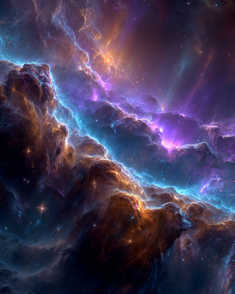 Space galaxy nebula star cloud universe cosmic astronomy astrophysics celestial cosmology stardust outer dust radiation microwave ray inflation horizo vast, colorful nebula in space. It features swirling clouds of gas and dust in shades of blue, purple, and orange. The nebula has a complex, layered structure with intricate patterns and textures. Bright, glowing areas suggest the presence of stars or other celestial phenomena. The background is dark, emphasizing the vibrant colors of the nebula. Stars are scattered throughout, adding to the cosmic atmosphere.