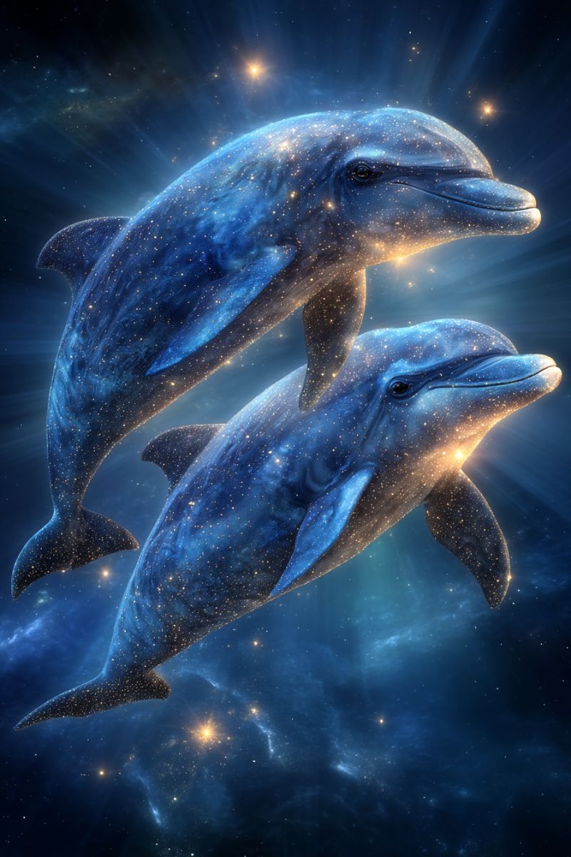 Dauphin dauphins ocean mer marin aquatique nage sous faune nature animal mammifere bleu etoile nuit espace galaxie cosmos univers celeste Deux dauphins nagent dans un océan bleu profond, leurs corps scintillant avec une texture étoilée et chatoyante. Le dauphin devant a la bouche légèrement ouverte, tandis que celui derrière a la bouche fermée. Ils sont tous les deux orientés dans la même direction, avec leurs corps légèrement incurvés. L'arrière-plan est d'un bleu profond avec des étoiles dispersées, et une faible lumière brille à travers l'eau, illuminant les dauphins.