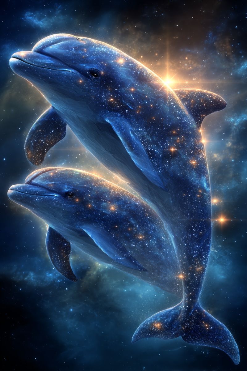 Dolphin dolphins ocean sea marine aquatic swimming underwater wildlife nature animal mammal blue starry night space galaxy cosmos universe celestial Two dolphins are swimming in a cosmic space, their bodies covered in a shimmering blue hue. The dolphin on top is leaping gracefully, while the one below is swimming in a slightly curved position. Their bodies are adorned with tiny stars, and the background is a deep blue with scattered stars and a bright light source, possibly a star or a nebula. The dolphins' eyes are closed, and their fins are spread out, creating a sense of movement and freedom.