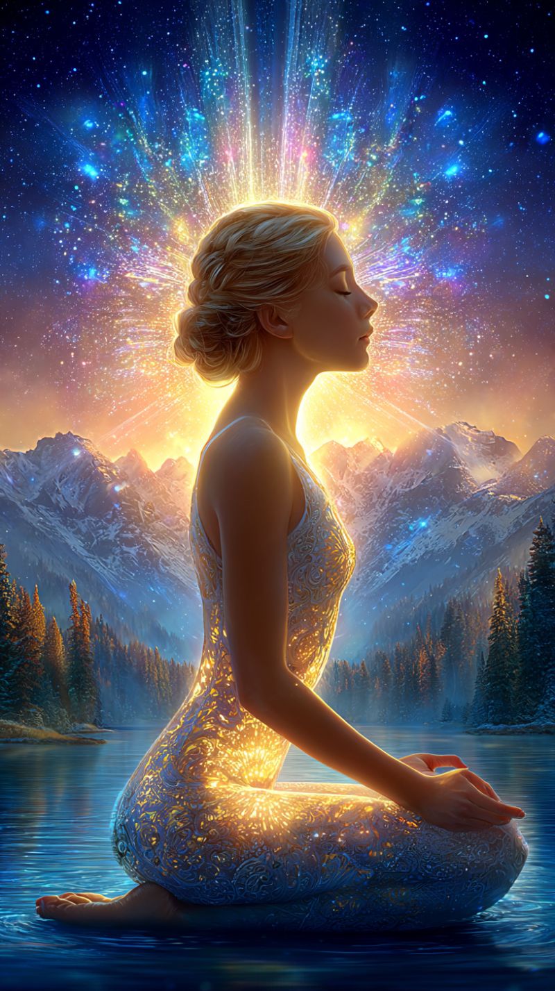 Woman meditation lake mountains night stars sky glow dress eyes closed sitting water trees forest reflection fantasy A woman sits in a meditative pose on the edge of a calm lake, her eyes closed. She wears a flowing, intricately designed dress that shimmers with light. Above her, a radiant burst of light emanates from behind her head, casting a warm glow on her and the surrounding area. The background features a majestic mountain range with snow-capped peaks, and the sky is filled with a vibrant display of stars and nebulae. The scene is set against a back of evergreen trees, creating a serene and mystical atmosphere.