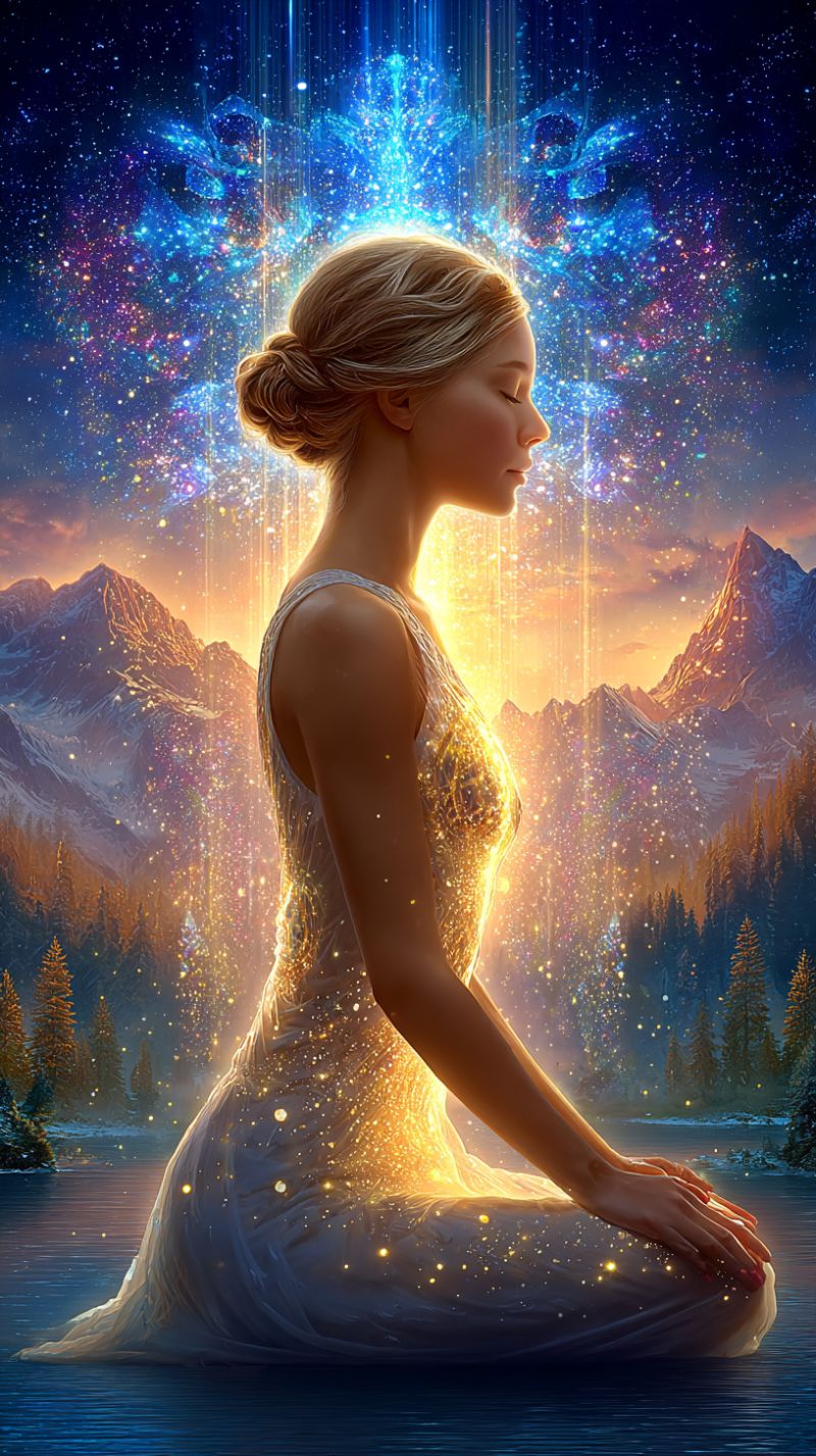 Femme fantaisie eclat meditation zen calme paisible serein contemplation spiritualite mysticisme cosmos univers Une femme est assise dans une pose méditative sur un lac, les yeux fermés, les mains posées sur ses genoux. Elle porte une robe blanche scintillante qui reflète la lumière autour d'elle. Derrière elle, un ciel nocturne vibrant, étoilé avec un motif de lumières et de couleurs semblable à une galaxie. Le ciel se transforme en une teinte dorée et chaude près de l'horizon, où des montagnes sont en silhouette contre la lumière. Les montagnes sont couvertes de neige et entourées d'arbres persistants. Toute la scène est baignée d'une lueur magique et éthérée.