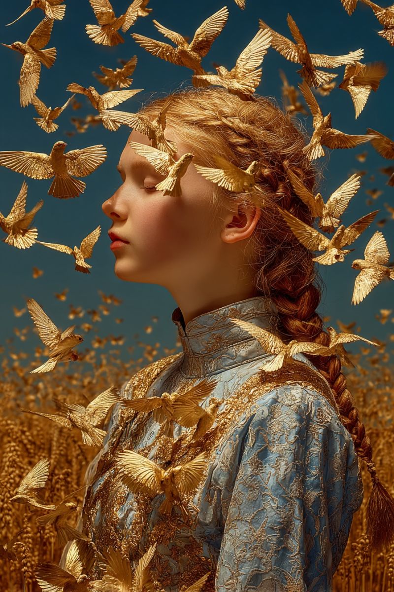 Girl painting fashion beauty elegant golden feathers wings dress clothing garment attire outfit costume A woman with long, braided hair stands in a field of golden wheat, her profile turned to the left. She wears a blue and gold embroidered dress, with golden birds intricately woven into her hair and scattered around her. The birds, with their wings spread, appear to be flying around her head and shoulders. The sky above is a deep blue, contrasting with the golden hues of the wheat and the birds.