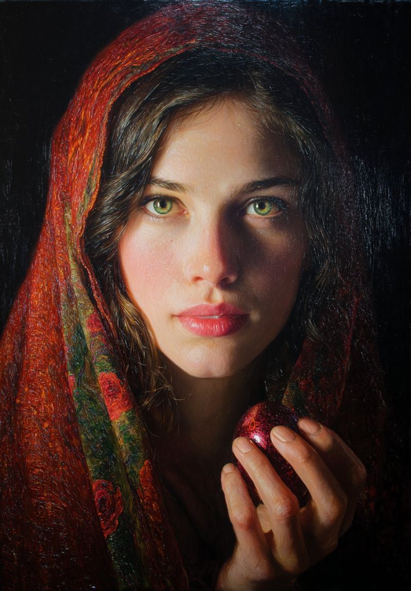 Woman apple red scarlet scarf veil cloth fabric A woman with dark hair is holding a red apple in her hand. She is wearing a red and green headscarf with a floral pattern. Her face is illuminated by a light source, casting a shadow on her face. She has green eyes and pink lips. The background is dark, and the woman's face is the only light source in the image.