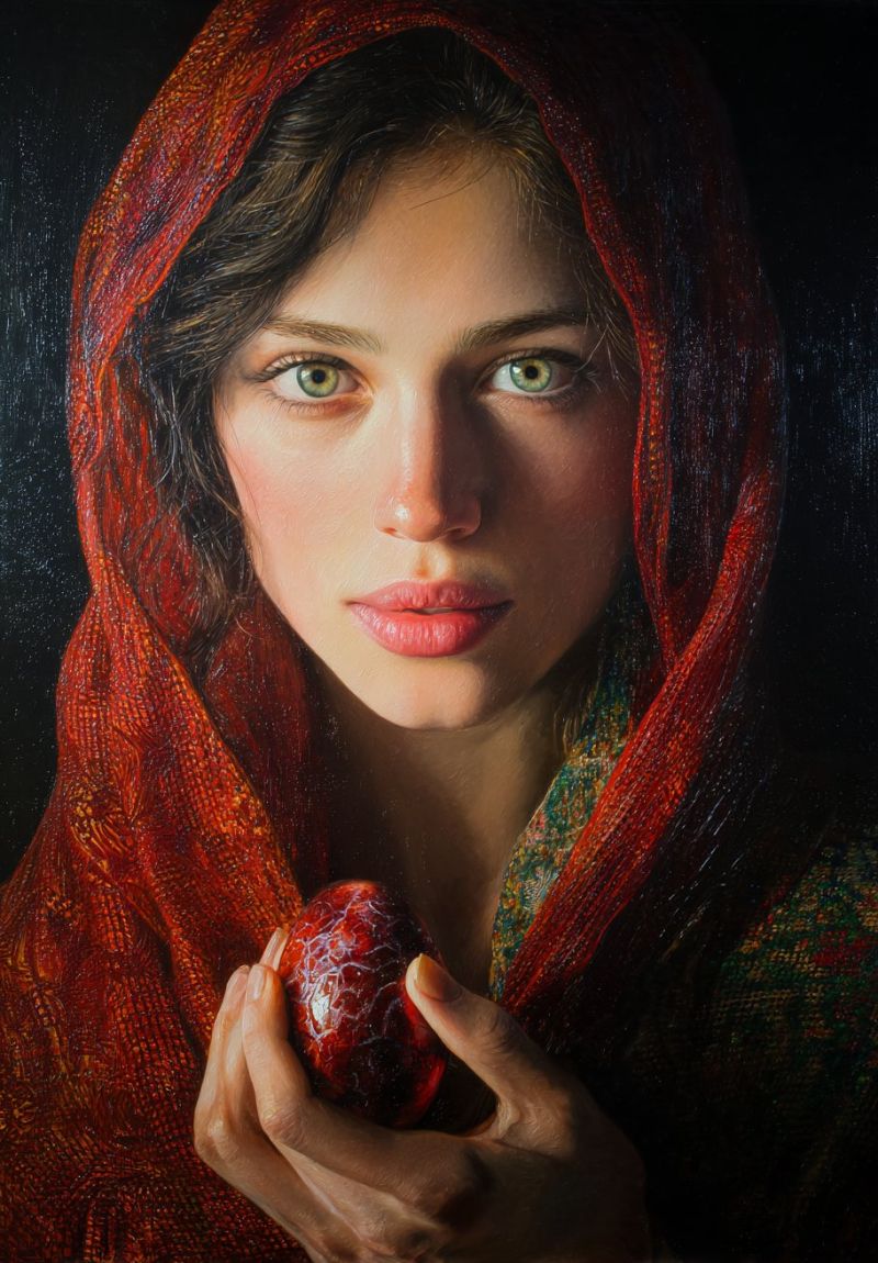 Femme rouge pomme ecarlate tissu Une femme aux cheveux sombres porte un châle rouge à capuche qui couvre sa tête et ses épaules. Elle tient une pomme rouge dans ses mains, dont la surface est fissurée. Son visage est éclairé par une source de lumière, et ses yeux sont verts. Elle a une expression sérieuse, et ses lèvres sont légèrement entrouvertes. L'arrière-plan est sombre, et l'accent est mis sur la femme et la pomme.