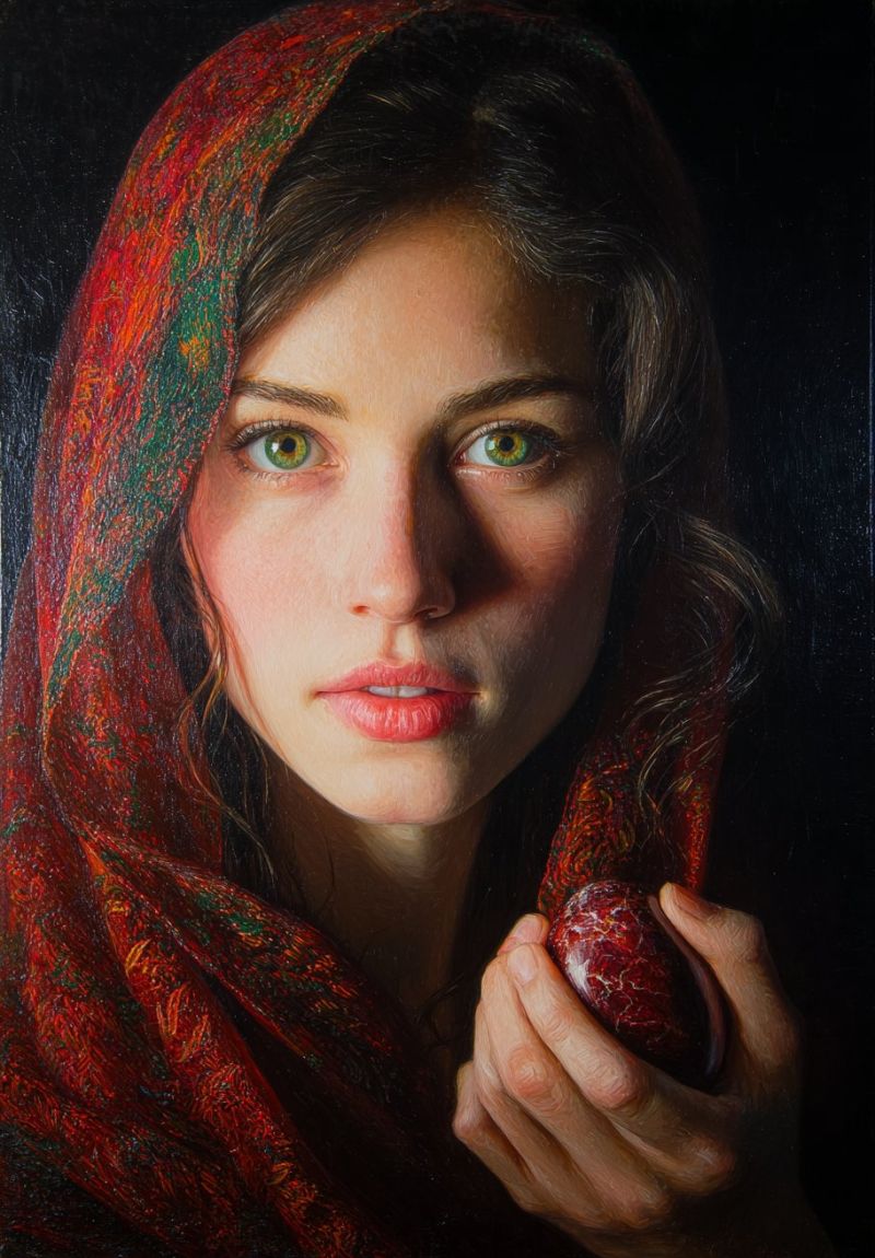 Woman painting realism beauty oil gallery artist A woman with brown hair is wearing a red and green patterned scarf that covers her head and shoulders. She has green eyes and red lips, and she is holding a red apple in her right hand. The apple has a slightly cracked surface, and the woman's face is illuminated by a light source, casting shadows on her face and the scarf. The background is dark, and the woman's face is the main focus of the image.
