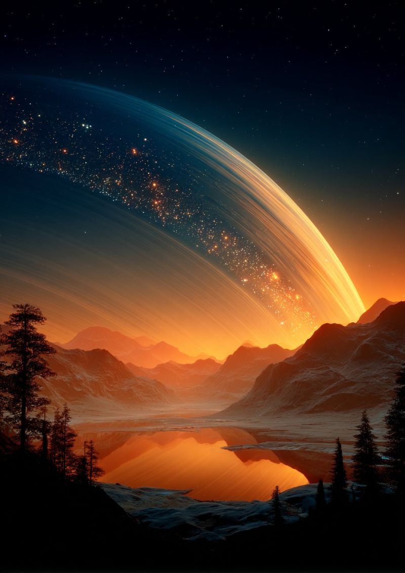 Sky night mountain lake water tree forest sunset cloud horizon reflection snow rock hill valley star space universe breathtaking scene of a planet with a large ring system. The planet is surrounded by a ring of stars and dust, creating a stunning celestial display. The sky is a deep blue, transitioning to a warm orange and pink hue as it approaches the horizon. The foreground features a serene lake reflecting the vibrant colors of the sky, with a silhouette of mountains in the background. The mountains are covered in snow, and there are trees and plants dotting the landscape. The overall scene is a beautiful and awe-inspiring representation of a planet in the universe.