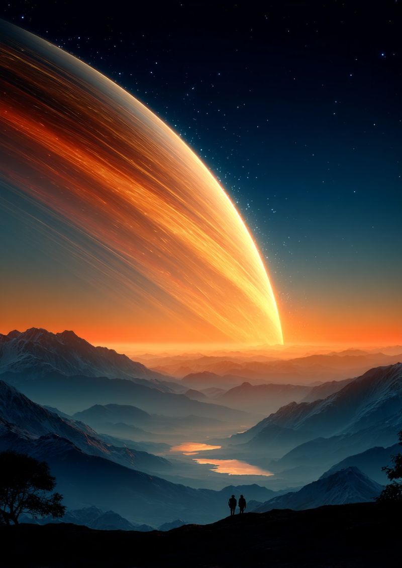 Montagne ciel nuit lac coucher soleil horizon nuage etoile arbre vallee eau reflet colline nuages montagnes lacs arbres chaine Au premier plan, deux personnes se tiennent sur un affleurement rocheux, contemplant le paysage à couper le souffle. En dessous d'eux, un lac serein reflète les teintes chaudes du soleil couchant. Les montagnes s'élèvent majestueusement, leurs sommets poudrés de neige, créant un contraste saisissant avec le ciel bleu profond. Le ciel lui-même est une toile d'étoiles, avec une grande planète lumineuse dominant le coin supérieur droit. La surface de la planète est un mélange d'orange et de jaune, avec des motifs tourbillonnants qui suggèrent un mouvement. La scène globale est un mélange de beauté naturelle et de merveille cosmique, capturant la puissance impressionnante de la nature et de l'univers.