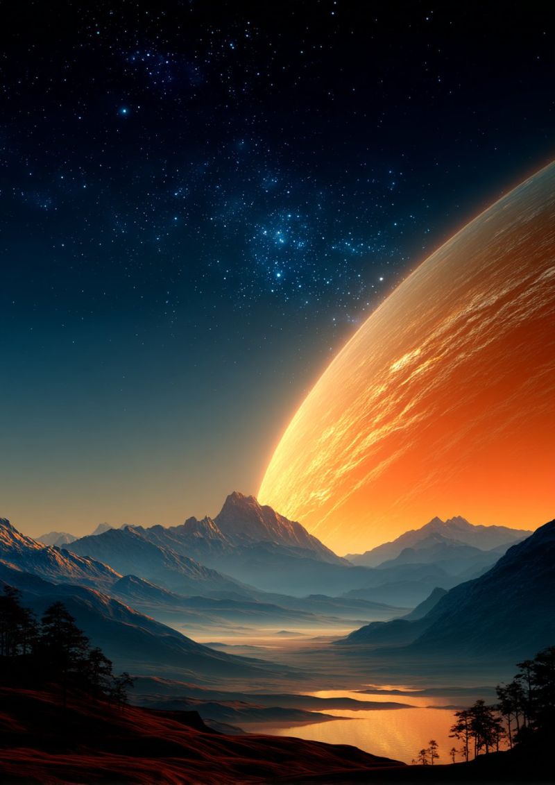 Mountains lake sky night planet sunset trees water hill valley clouds stars horizon reflection atmosphere scenery vast, mountainous landscape under a twilight sky. In the foreground, there are several trees and a serene body of water, possibly a lake, reflecting the warm hues of the setting sun. The mountains are rugged and covered in a mix of dark and light shades, suggesting a variety of rock types and vegetation. The sky is a deep blue, dotted with stars, and the horizon is marked by a large, glowing planet, likely a gas giant, with a mix of orange and yellow hues, indicating the presence of atmospheric gases and clouds. The overall scene is tranquil and majestic, with a sense of vastness and the beauty of nature.