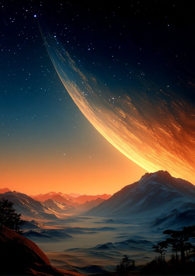 Sky mountain sunset cloud horizon tree rock valley hill forest water night star space planet atmosphere reflection shadow breathtaking scene of a planet with a large, glowing ring around it, resembling Saturn. The planet is set against a dark, starry sky, with the ring casting a warm, orange glow that illuminates the landscape below. The foreground features a mountainous terrain with snow-capped peaks, and the mountains are silhouetted against the vibrant, orange-hued sky. The sky transitions from deep blue to orange and yellow hues, creating a stunning sunset effect. The foreground is dotted with trees and small rocky outcrops, adding depth and texture to the scene. The overall atmosphere is serene and majestic, evoking a sense of wonder and awe.