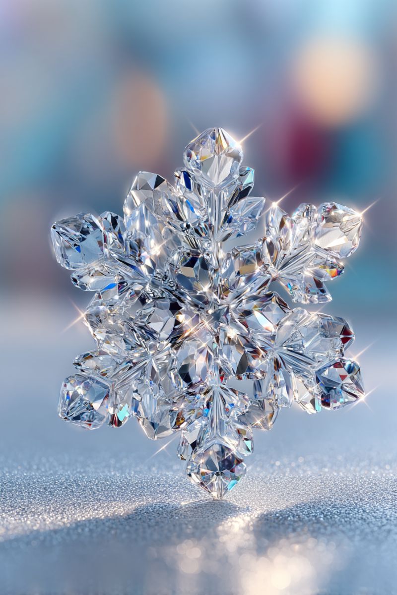 Crystal gem jewelry sparkle diamond snowflake A close-up of a large, intricate crystal snowflake with multiple facets and points. The snowflake is composed of numerous small, clear crystals arranged in a symmetrical pattern. It is placed on a smooth, shiny surface that reflects light, creating a sparkling effect. The background is blurred, with hints of blue and red colors.