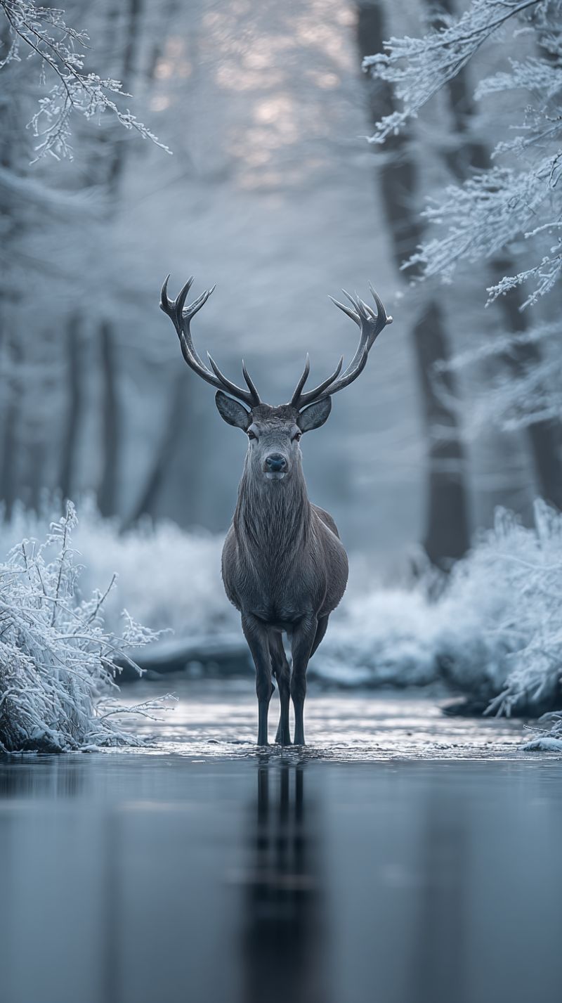 Cerf faune nature hiver foret neige bois gel animal air froid glace eau reflet ruisseau arbre branche habitat environnement Un cerf majestueux aux grands bois se tient dans une forêt enneigée et sereine. Le cerf est positionné au milieu d'un ruisseau peu profond, son reflet visible dans l'eau. La forêt est recouverte de neige, et les arbres sont dénudés, leurs branches saupoudrées de givre. L'arrière-plan est d'un gris doux et doux, suggérant une matinée ou une soirée d'hiver. Le regard du cerf est dirigé vers la gauche, et sa posture est alerte et royale.
