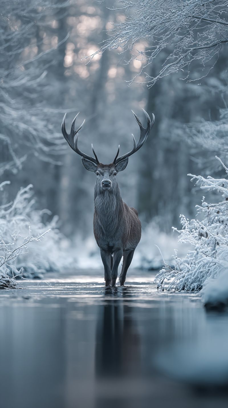 Deer wildlife winter nature forest snow antler animal outdoors cold ice reflection water stream bush tree branch frost habitat A majestic stag with large, branching antlers stands in a serene, snowy forest. The stag's fur is thick and dark, blending with the winter landscape. It walks through a shallow stream, its reflection visible in the water. Snow-covered branches and plants surround the stag, and the background is a soft, blurred forest with hints of light filtering through the trees.