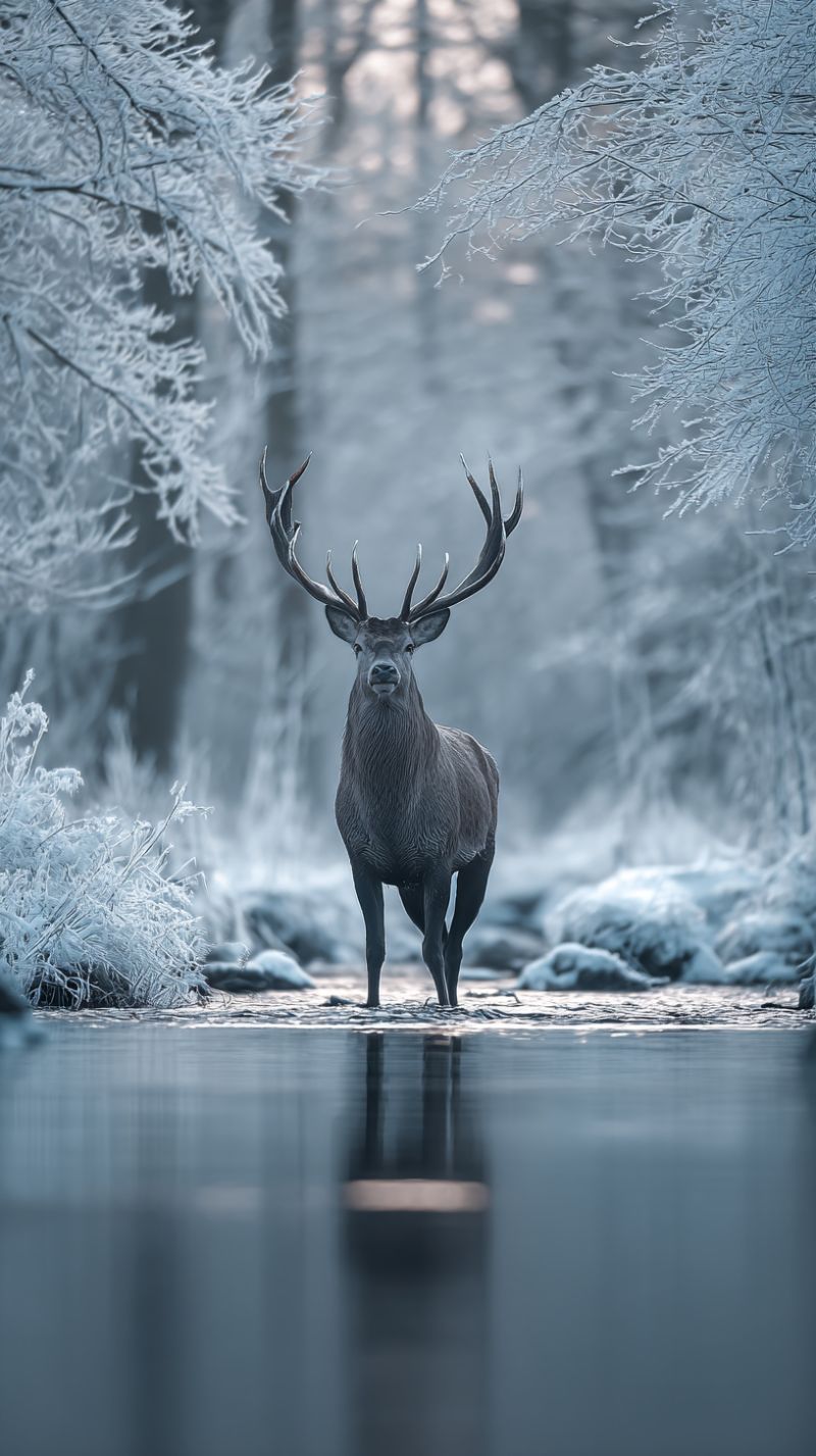Cerf faune nature hiver gel neige foret reflet eau glace arbres animal froid habitat environnement creature Un cerf majestueux aux grandes bois se tient dans une forêt enneigée sereine. Le cerf est dans un ruisseau peu profond, avec son reflet visible dans l'eau. Les arbres autour sont couverts de neige, et le sol est recouvert de neige. La scène est paisible et silencieuse, avec le cerf debout et alerte.