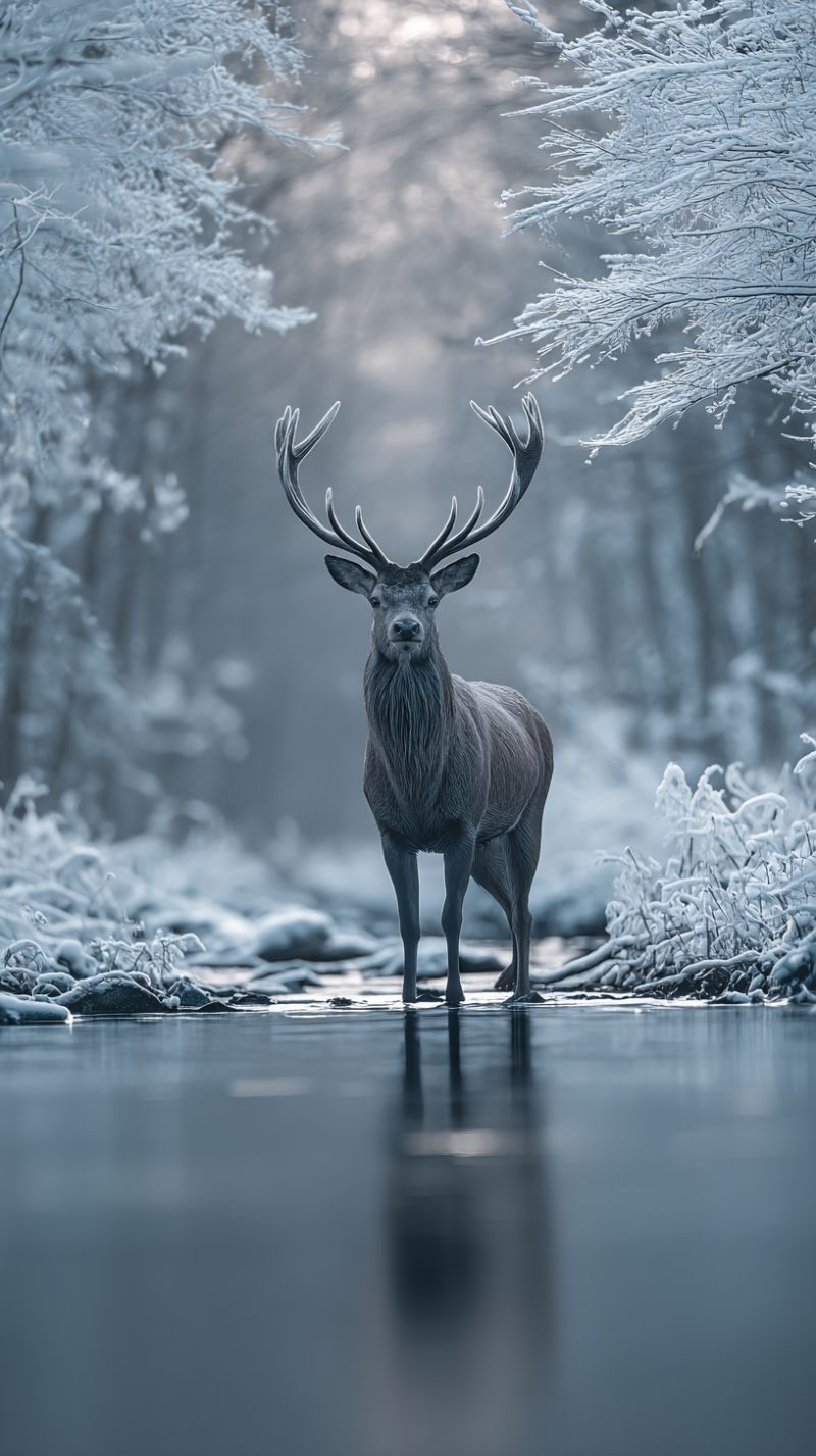 Deer wildlife nature forest winter snow antler reflection water outdoors animal mammal cold frost ice branch twig bark A majestic stag with large, branching antlers stands in a serene, snowy forest. The stag is positioned in the middle of a calm, reflective body of water, with its reflection mirroring on the water's surface. The surrounding trees are blanketed in snow, creating a tranquil winter landscape. The sky above is overcast, contributing to the serene and peaceful atmosphere of the scene.