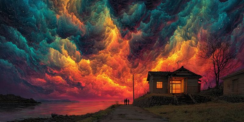 Clouds colorful dramatic evening fire house night ocean painting people red reflection sky sunset tree In the foreground, there is a small wooden house with a lit window, situated on a hill. The house is surrounded by a few bare trees and a stone wall. To the left of the house, there are two people standing, possibly observing the sky. The sky is a dramatic blend of vibrant colors, primarily oranges, reds, and blues, with swirling clouds that seem to be moving and merging. The clouds are thick and dense, creating a sense of depth and movement. In the background, there is a body of water, possibly a lake or sea, reflecting the fiery colors of the sky. The overall scene is surreal and otherworldly, with a sense of awe and wonder.