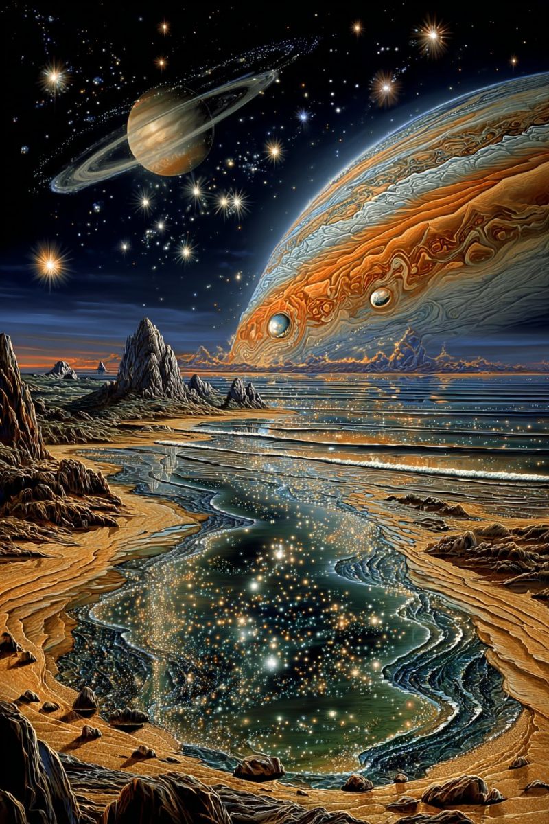 Space planet stars universe astronomy cosmos celestial galaxy nebula planetary cosmic galactic astrophysics outer starry night exploration bodies vast, otherworldly landscape with a large, swirling planet dominating the scene. The planet has a striking mix of orange, yellow, and white hues, with swirling patterns that suggest a turbulent atmosphere. In the background, a smaller planet with rings orbits around the larger one, adding to the celestial theme. The sky is filled with stars and distant galaxies, creating a sense of depth and scale. On the left side, there are rocky formations and a small body of water that reflects the celestial bodies above. The foreground features a sandy beach with scattered rocks, and the water appears to be a deep, dark blue, reflecting the stars and planets. The overall atmosphere is surreal and dreamlike, with a sense of vastness and mystery.