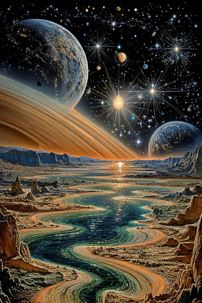Space planet universe astronomy cosmos star galaxy nebula celestial cosmic spacecraft outer exploration travel science technology station shuttle vast, otherworldly landscape with a large planet in the foreground, its surface dotted with lights, possibly cities or natural phenomena. The planet is surrounded by a ring system that glows with a warm, orange hue. In the background, another planet with a dark, stormy atmosphere is visible, along with a large, gas giant with prominent rings. The sky is filled with stars and celestial bodies, some of which emit bright, sparkling light. The foreground features a winding river or stream that flows through a rocky terrain, with the water reflecting the lights from the planets and stars. The overall scene is surreal and fantastical, evoking a sense of exploration and wonder.