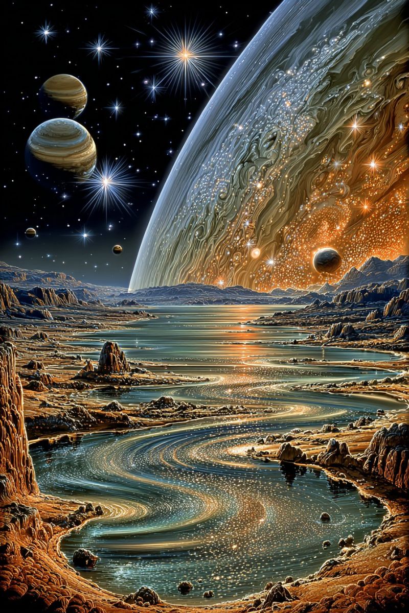 Planet space universe cosmos astronomy celestial star galaxy nebula orbit extraterrestrial cosmic planetary astronomical starry galactic solar system vast, otherworldly landscape with a large, swirling planet dominating the upper half. The planet has a mix of dark and light brown hues, with swirling patterns that suggest atmospheric activity. Below the planet, there are several smaller celestial bodies, including moons and planets, scattered across the dark sky. The sky is dotted with numerous stars, some of which appear brighter than others. In the foreground, there is a large body of water, possibly an ocean, with rocky terrain surrounding it. The water is a deep blue, reflecting the light from the planet and stars above. The terrain is rugged, with large rocks and cliffs visible along the shoreline. The overall scene is set against a back of deep space, giving the impression of a distant, alien world.