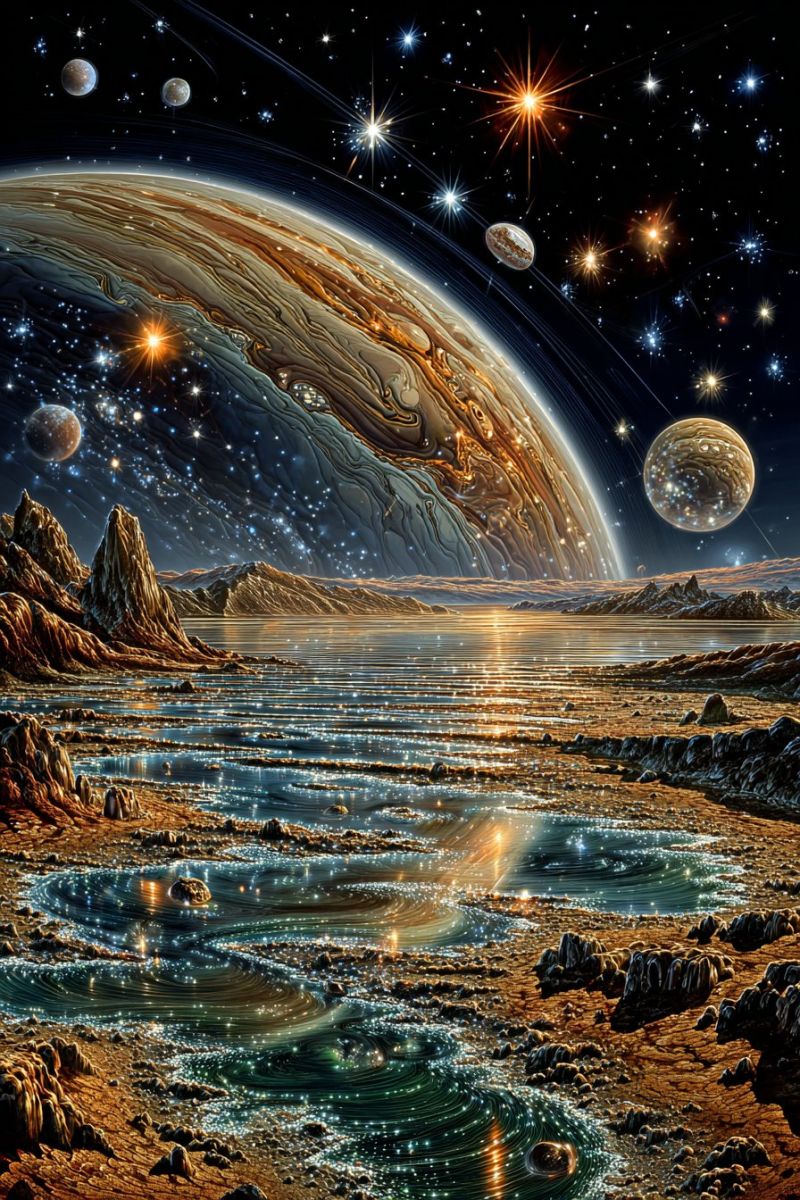 Planet space universe astronomy cosmos star galaxy nebula celestial cosmic planetary astrophysics astronomical astrology outer solar system vast, otherworldly landscape with a large, swirling planet dominating the upper portion of the scene. The planet has a striking, marbled appearance with bands of orange, brown, and white. Below the planet, a large body of water stretches across the foreground, reflecting the celestial bodies above. The water is a deep blue, with ripples and small waves. The shoreline is rocky, with jagged cliffs and small hills. In the distance, several moons and planets are visible, scattered across the dark, starry sky. The sky is filled with stars, some of which appear to be burning brightly. The overall scene is illuminated by a soft, ethereal light, giving the landscape a surreal and dreamlike quality.