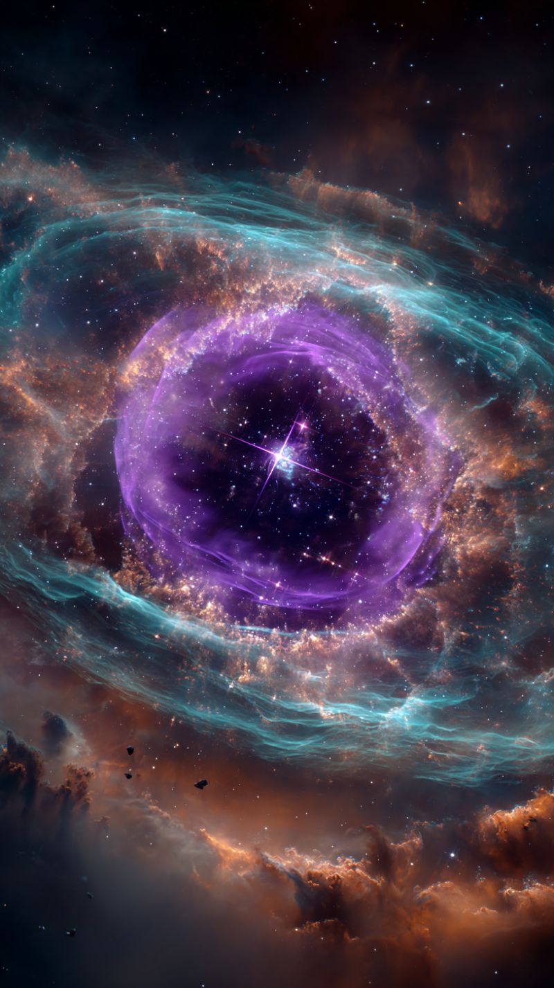 Nebula space galaxy star universe cosmos astronomy astrophysics celestial cosmic starburst interstellar galactic astrophotography cosmology astronomic Une scène cosmique vibrante présente une grande nébuleuse circulaire avec une teinte violet foncé au centre, entourée de nuages éthérés tourbillonnants bleus et orange. La nébuleuse est éclairée par un objet brillant semblable à une étoile à son coeur, émettant une lumière radieuse qui perce à travers les nuages environnants. Le fond est une riche tapisserie de bleus et de violets profonds, parsemés d'innombrables étoiles qui scintillent faiblement. L'effet global est celui d'un environnement cosmique dynamique, coloré et mystérieux