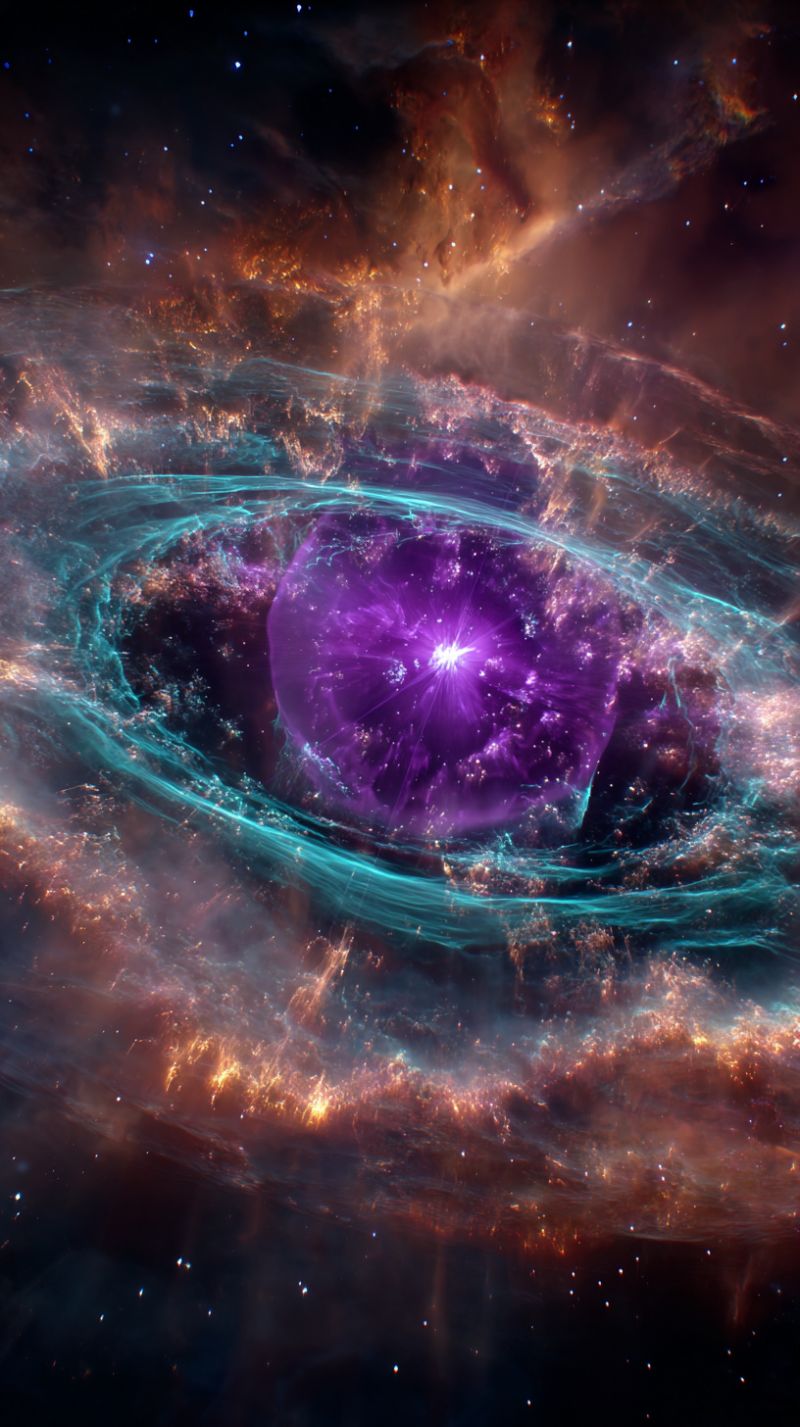 Galaxy space universe star nebula cosmic astronomy celestial astrophysics cosmology starburst interstellar galactic astrophotography dust formation A vibrant cosmic scene features a swirling galaxy with a central, glowing purple core. The galaxy is encircled by swirling blue and teal hues, creating a dynamic, almost liquid-like effect. Surrounding the galaxy are rich, fiery orange and red clouds, interspersed with dark, shadowy areas that add depth. The background is a deep, dark blue, dotted with countless stars that twinkle faintly, contributing to the vastness of space.