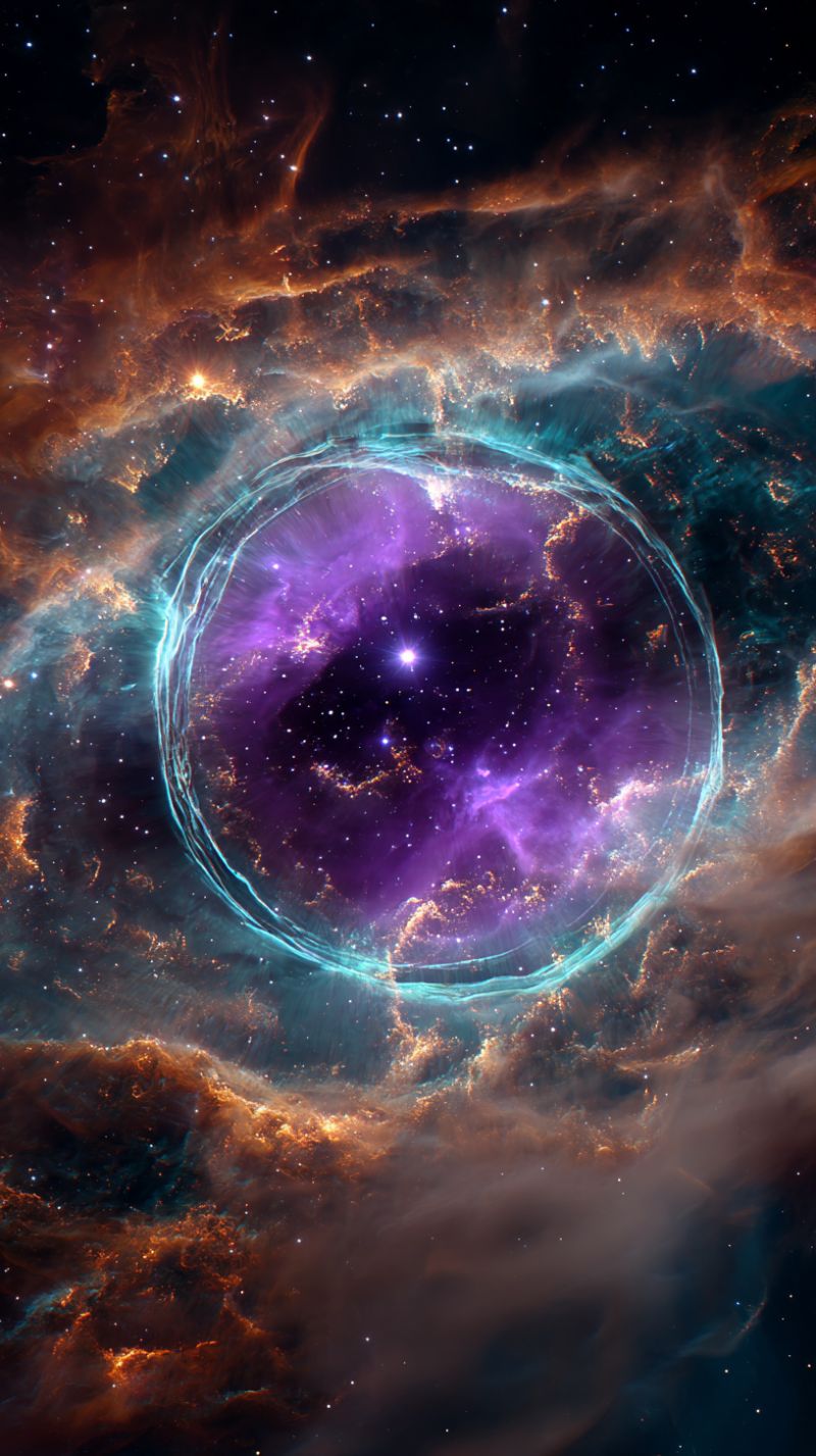 Nebuleuse espace galaxie etoile univers cosmos astronomie astrophysique celeste cosmique explosion etoiles interstellaire astronomique cosmologie gala Une nébuleuse vibrante avec une forme circulaire centrale, principalement violette avec un anneau bleu autour. La nébuleuse est entourée de nuages tourbillonnants de teintes orange et rouge, créant une scène cosmique dynamique et colorée. Des étoiles éparpillées de différentes tailles et luminosités ajoutent à la beauté céleste. Le fond est sombre, mettant en valeur les couleurs vives de la nébuleuse.