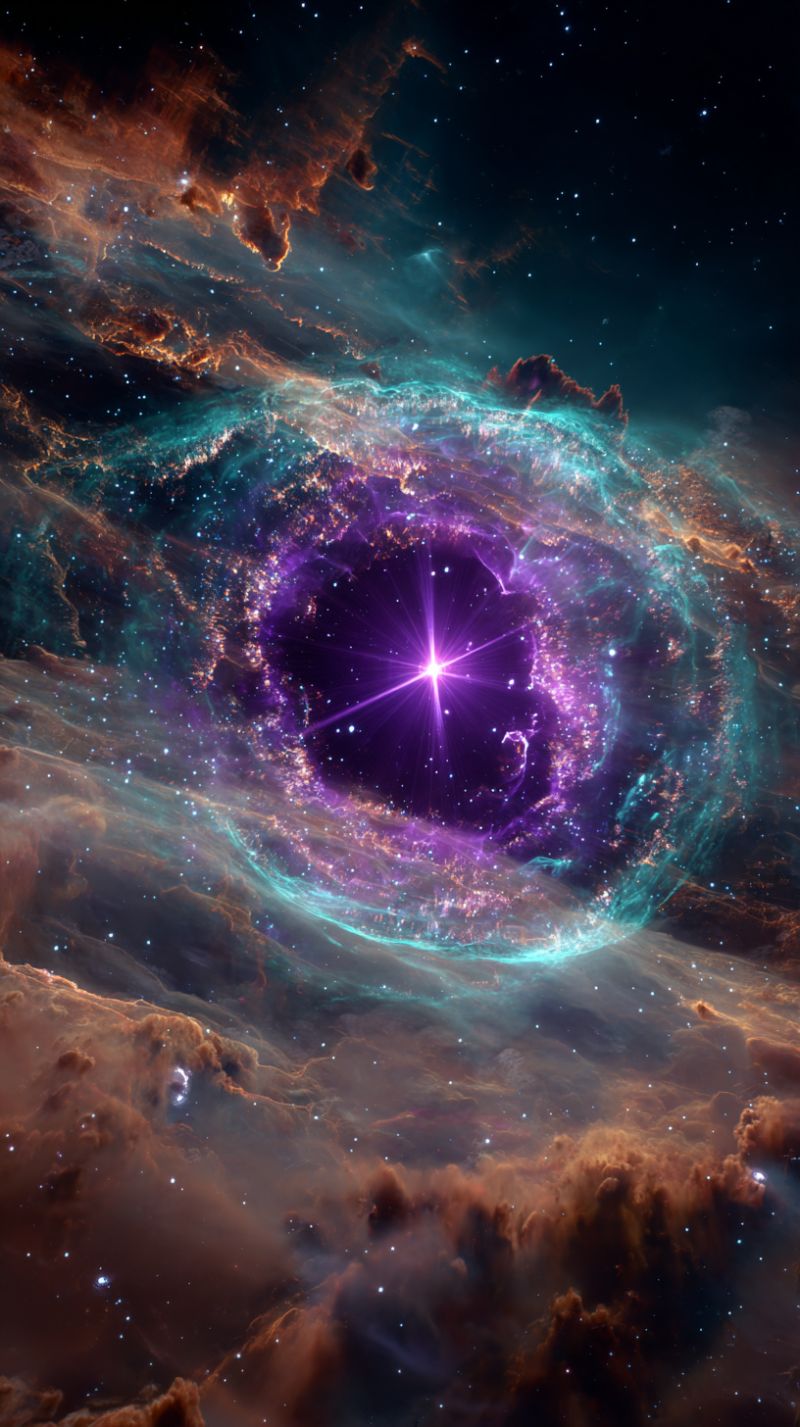 Space nebula star galaxy cosmos universe astronomy astrophysics celestial cosmic starburst interstellar galactic astronomical cosmology astrophotograp vibrant nebula in space, characterized by swirling clouds of gas and dust in shades of purple, blue, and teal. At the center, a bright star shines with a radiant light, surrounded by a dark, circular ring. The nebula's edges are illuminated by the star's light, creating a striking contrast. The background is filled with countless stars, adding to the cosmic beauty of the scene.